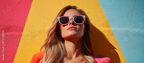 Portrait of a young woman with blonde hair and sunglasses against a colorful wall.