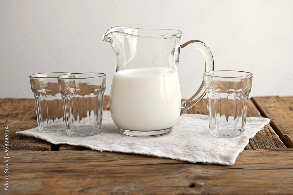 Top view of rustic milk and glasses. A rustic setting with a pitcher of milk and three glasses, ideal for home dining, breakfast or family gatherings. Top view of rustic milk and glasses. A rustic setting with a pitcher of milk and three glasses, ideal for home dining, breakfast or family gatherings.