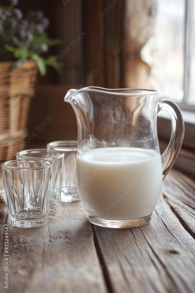 Natural Light Rustic Milk Pitcher. A glass pitcher of milk on a wooden table with several clear glasses. Ideal for kitchen decor, food blogs, or beverage-related events. Natural Light Rustic Milk Pitcher. A glass pitcher of milk on a wooden table with several clear glasses. Ideal for kitchen decor, food blogs, or beverage-related events.