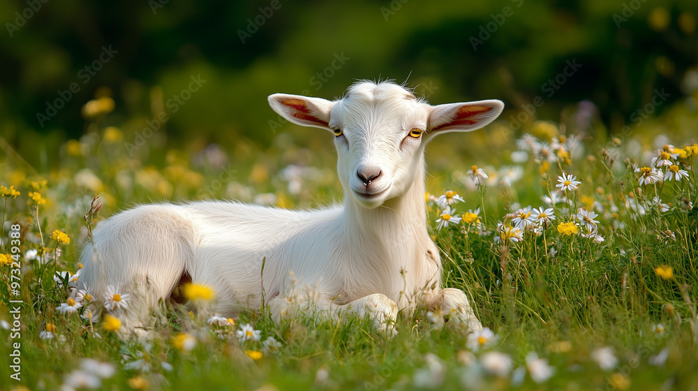 Obraz premium Peaceful Goat in Flowering Meadow. A cute white goat lying in a grassy field full of flowers. Suitable for nature-themed designs and spring events.