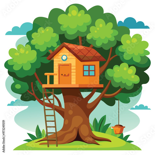 Children wooden house on oak. Tree with ladder and kid tree-house