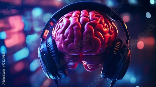 Human brain listening music wearing black headphones on colorful background photo