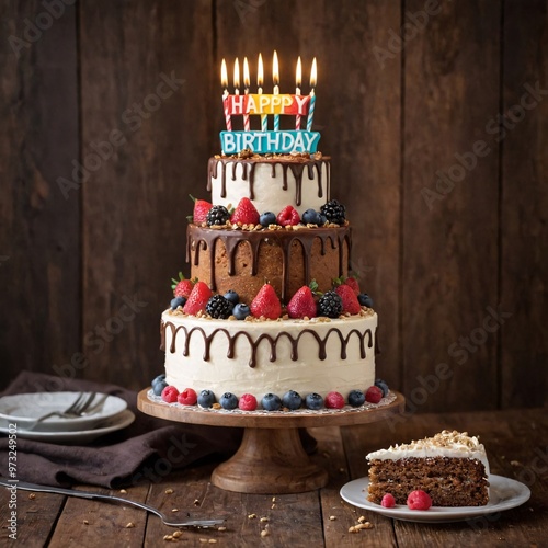 A big tall cake with 