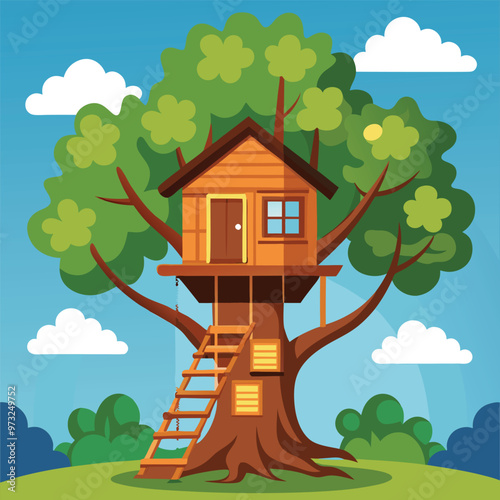Children wooden house on oak. Tree with ladder and kid tree-house