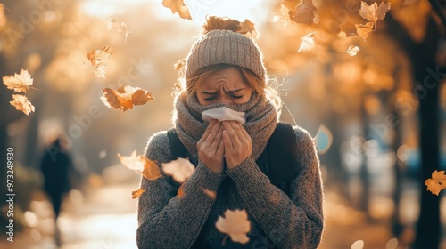  a person in a warm sweater and scarf, coughing while walking down a tree-lined street covered in autumn leaves. 