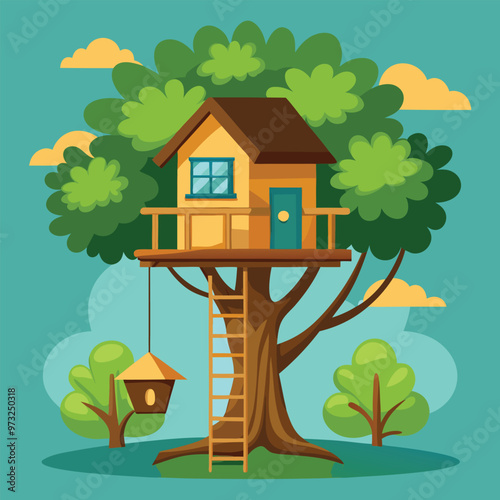 Children wooden house on oak. Tree with ladder and kid tree-house
