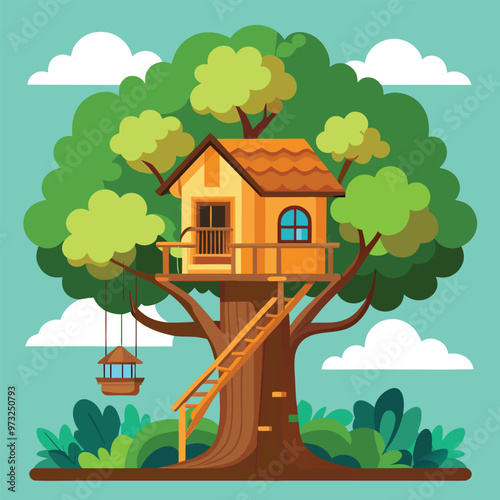 Children wooden house on oak. Tree with ladder and kid tree-house