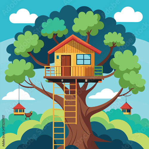 Children wooden house on oak. Tree with ladder and kid tree-house