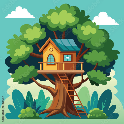 Children wooden house on oak. Tree with ladder and kid tree-house