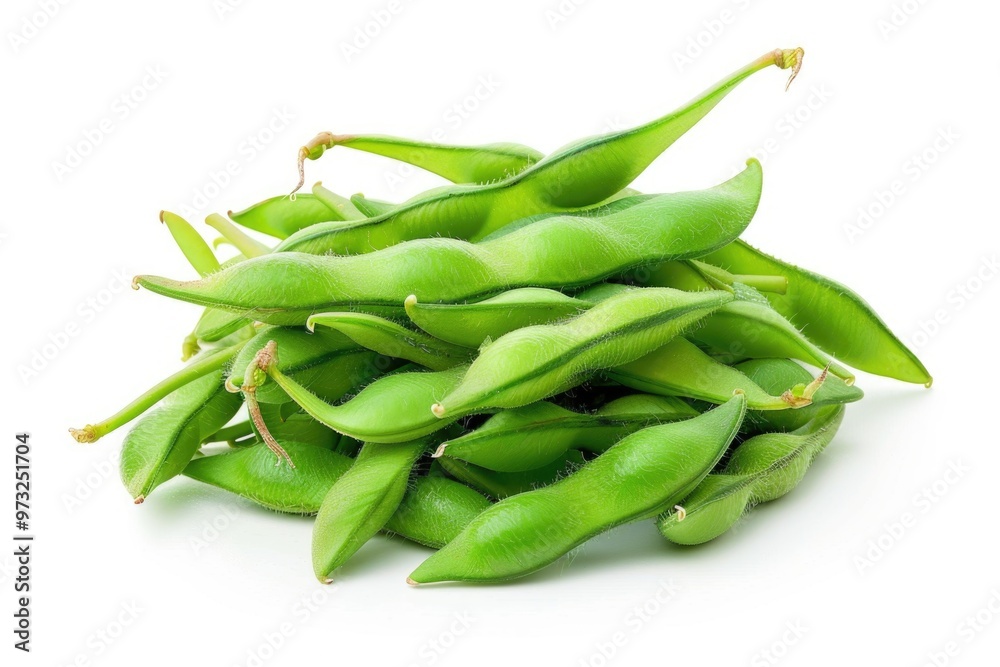 A fresh bunch of green beans arranged neatly on a white surface A fresh bunch of green beans arranged neatly on a white surface