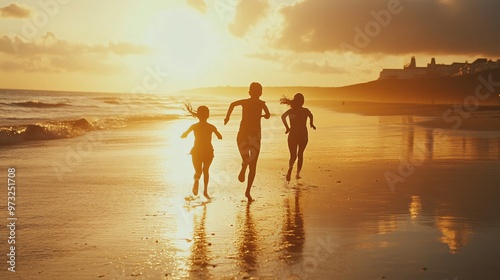 Wallpaper Mural Three girls run on the beach at sunset with their silhouettes reflected in the water. Torontodigital.ca