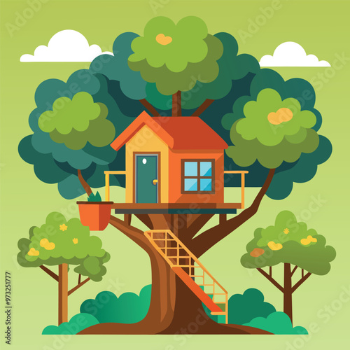 Children wooden house on oak. Tree with ladder and kid tree-house