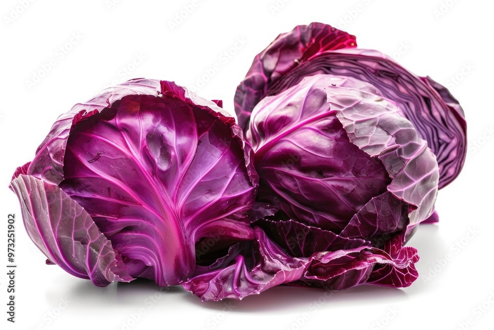 Close-up view of two purple cabbages on a white surface, great for food or still life photography Close-up view of two purple cabbages on a white surface, great for food or still life photography