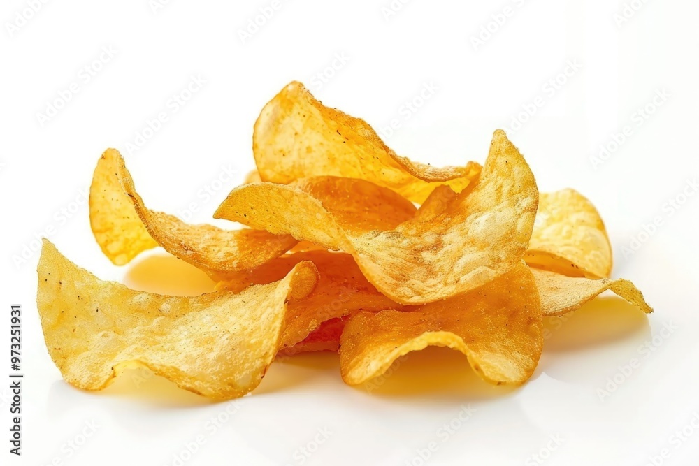 A stack of crispy potato chips on a clean white surface, great for food photography or illustration A stack of crispy potato chips on a clean white surface, great for food photography or illustration
