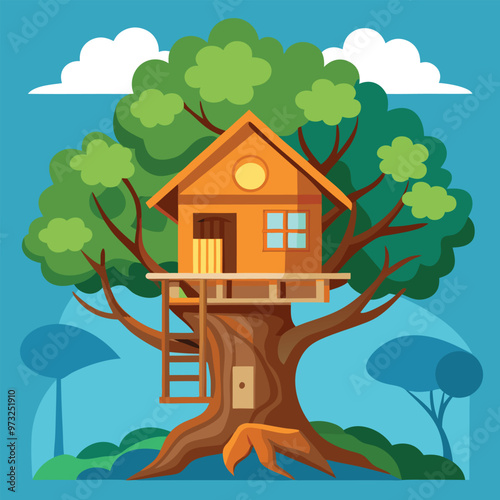 Children wooden house on oak. Tree with ladder and kid tree-house
