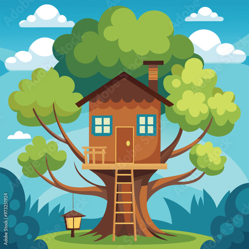 Children wooden house on oak. Tree with ladder and kid tree-house