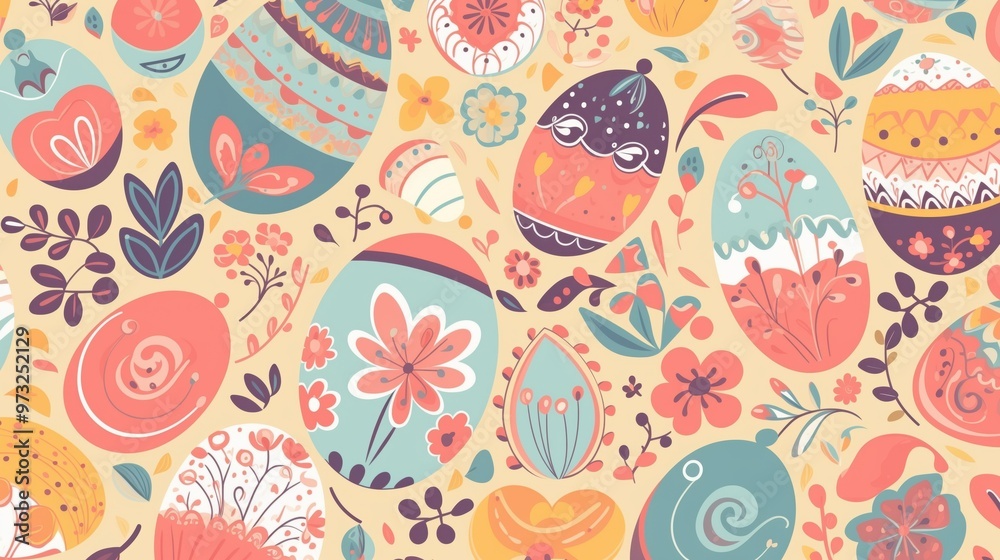 Happy Easter seamless pattern. Chicken eggs with abstract picture. Easters Design element. Happy Easter seamless pattern. Chicken eggs with abstract picture. Easters Design element.