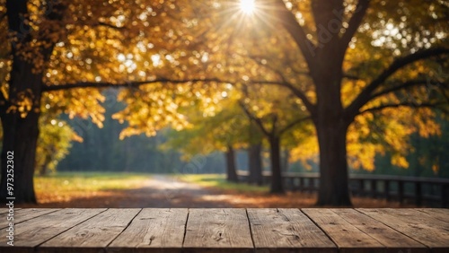 Rustic wood table with fall trees autumn mockup background