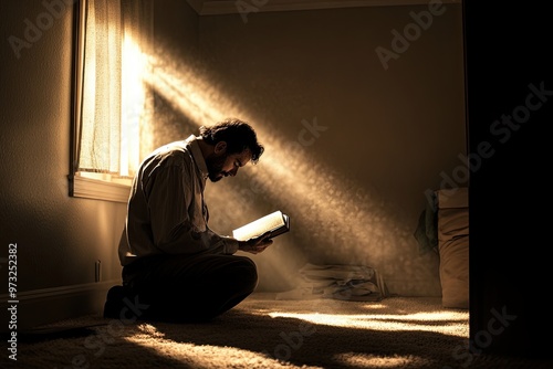 Person kneeling and reading the bible