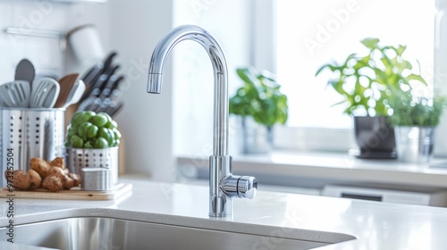 Contemporary kitchen sink setup with a high-arc faucet and organized countertop, showcasing a tidy and functional space. Close-up photo with clean background photo