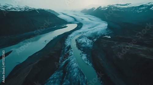 Icelandic glacier meltwater flowing through rugged terrain. breathtaking aerial landscape. Icelandic Glaciers. Illustration photo