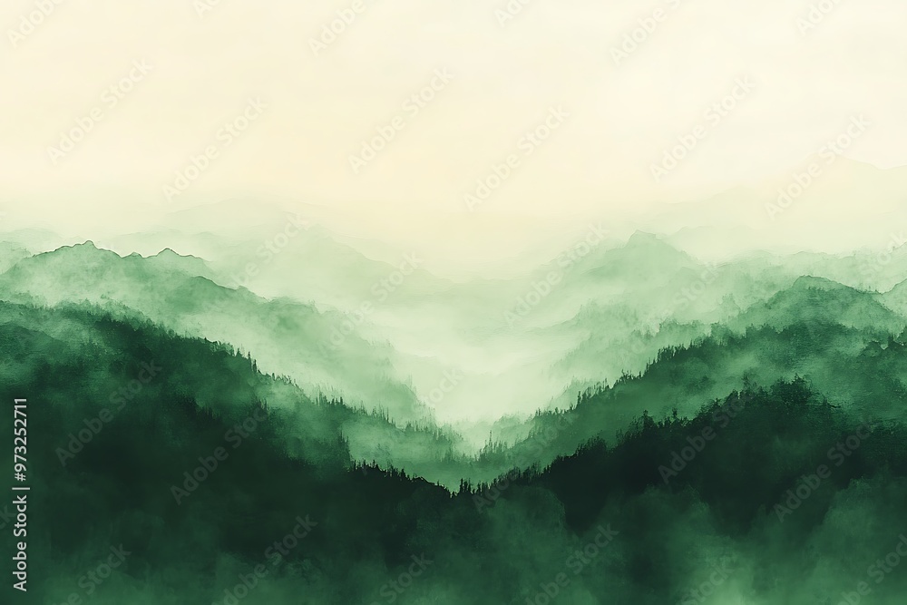 Obraz premium Misty green mountains illustration in minimalist style.