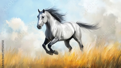 A majestic white horse galloping through golden grasslands under a bright blue sky with soft clouds