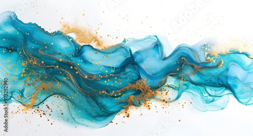 Abstract shiny turquoise golden ink wave background with copy space. Transculent watercolor wallpaper. 