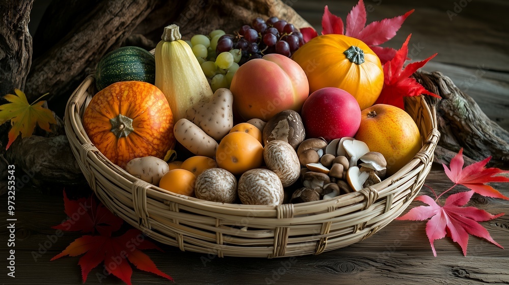 A wicker basket filled with an assortment of fresh produce, including squash, peaches, apples, grapes, mushrooms, and potatoes, all arranged on a rustic wooden surface with red maple leaves. A wicker basket filled with an assortment of fresh produce, including squash, peaches, apples, grapes, mushrooms, and potatoes, all arranged on a rustic wooden surface with red maple leaves.