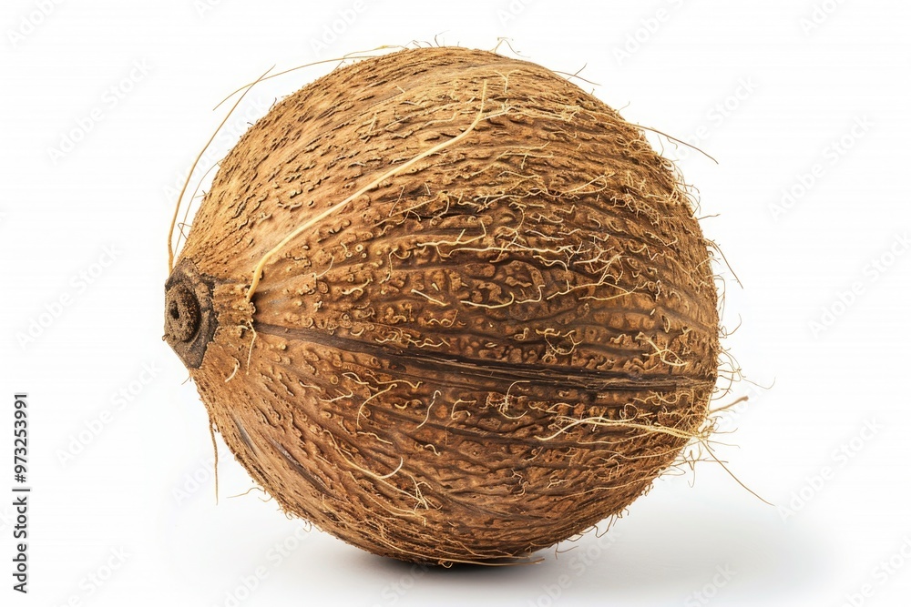 A close-up shot of a single coconut placed on a white surface A close-up shot of a single coconut placed on a white surface