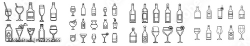 Set of alcohol and liquor icons. Included icons of whiskey, wine, Champagne, Soju, vodka, beer, and more.