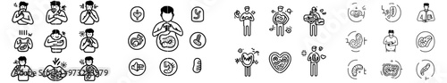 Flatulence icon set with stomach, stomachache, sick, and other icons. Editable strokes.