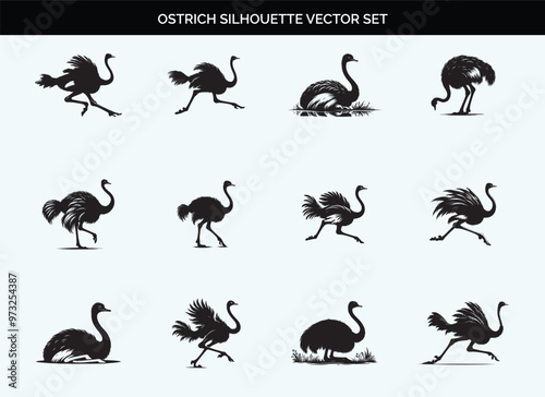 Black Silhouette of Ostrich Bird - Editable Vector on Transparent Background photo