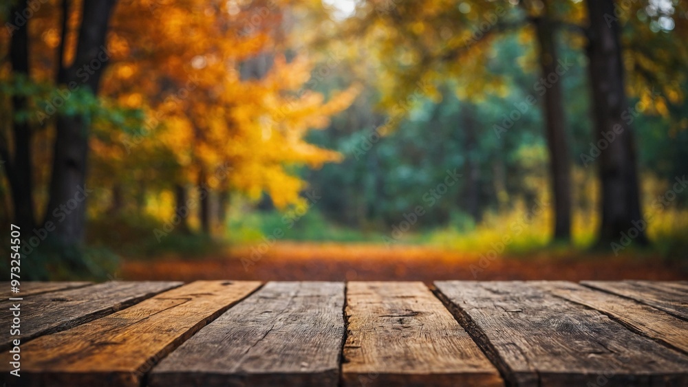 Rustic wood table with fall trees autumn mockup background Rustic wood table with fall trees autumn mockup background