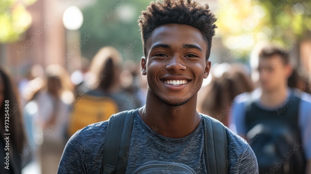 A young man with a backpack and a smile on his face. He is surrounded by other people, some of whom are also smiling. Scene is happy and friendly A young man with a backpack and a smile on his face. He is surrounded by other people, some of whom are also smiling. Scene is happy and friendly