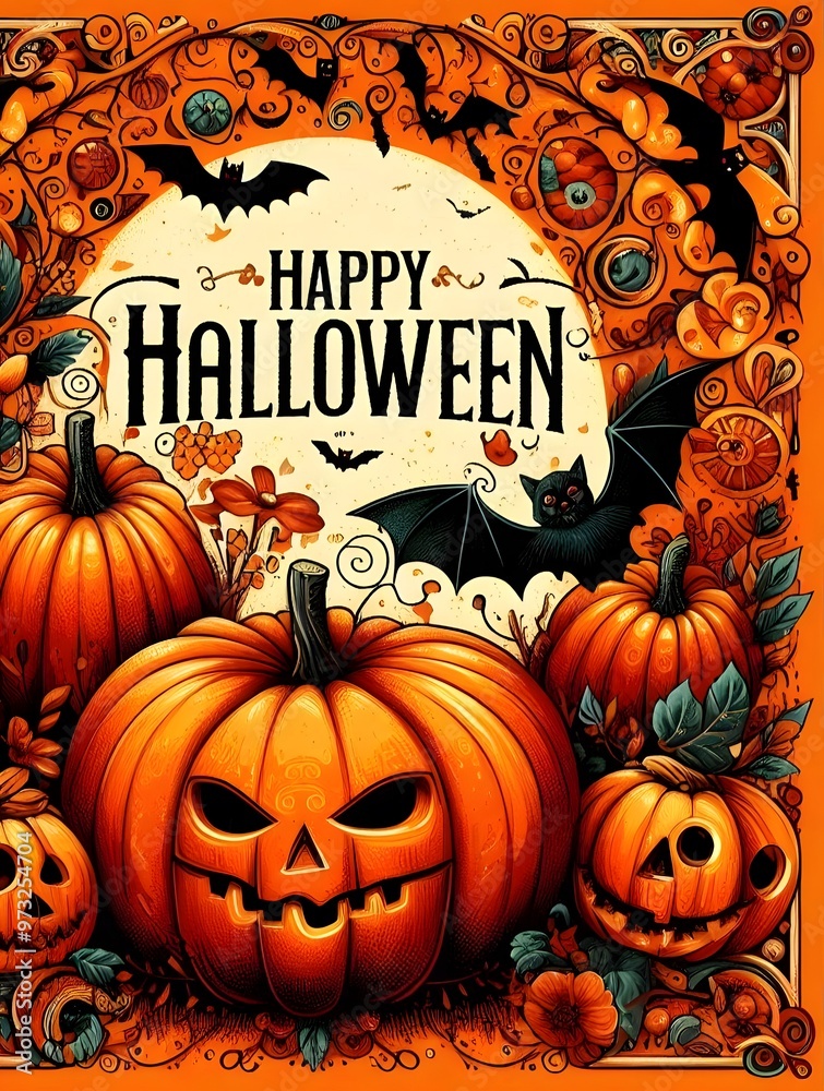 Vector Halloween trick card with bats and scary pumpkins poster Vector Halloween trick card with bats and scary pumpkins poster