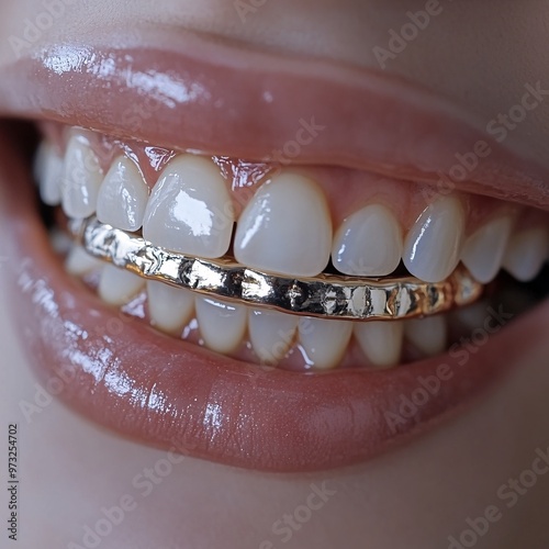 Woman smiling showing gold teeth grill shining over white teeth photo