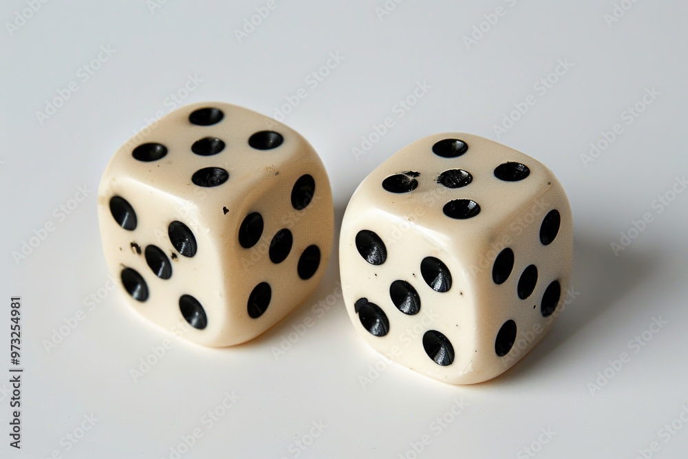 Rolling dice with black spots on a white background, perfect for game or casino themes Rolling dice with black spots on a white background, perfect for game or casino themes