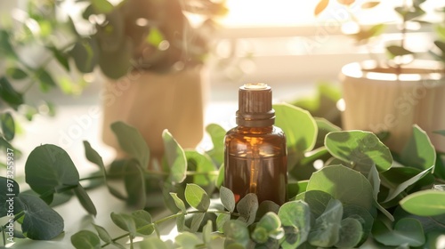 Diffuser with essential aroma oil surrounded by eucalyptus leaves, bright and airy atmosphere, Close-up photo with clean background photo