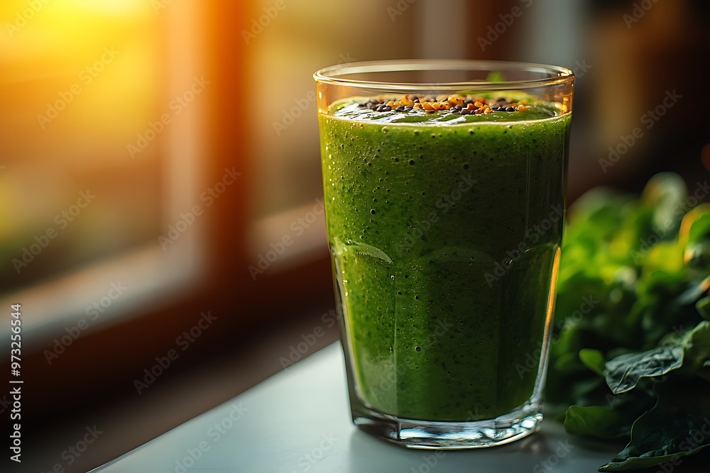 A green smoothie in a glass on a white table with sunlight A green smoothie in a glass on a white table with sunlight