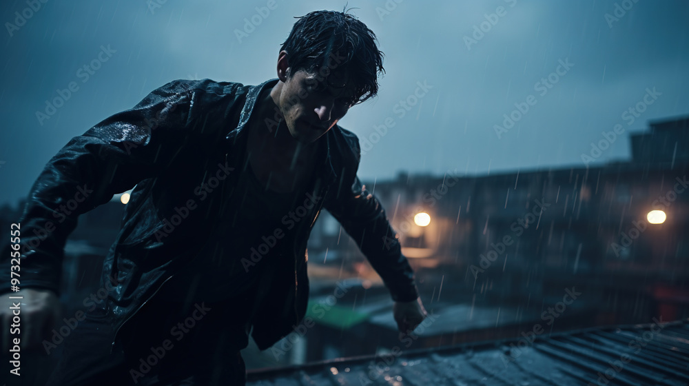 Fototapeta premium Action shot with man fighting on the roof. Dynamic martial arts scene in action movie blockbuster style.