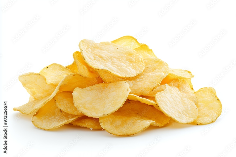 A pile of crispy potato chips isolated on a white background.
