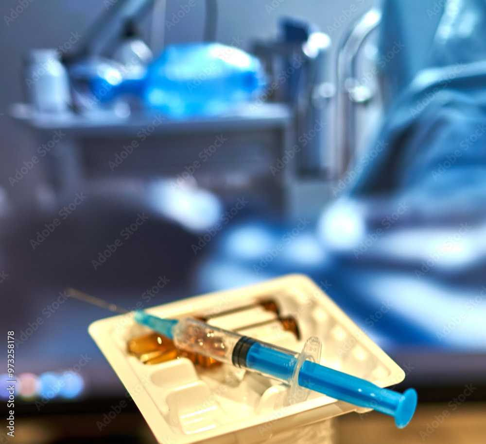 ampoules and a syringe lie on the table in a hospital ward ampoules and a syringe lie on the table in a hospital ward