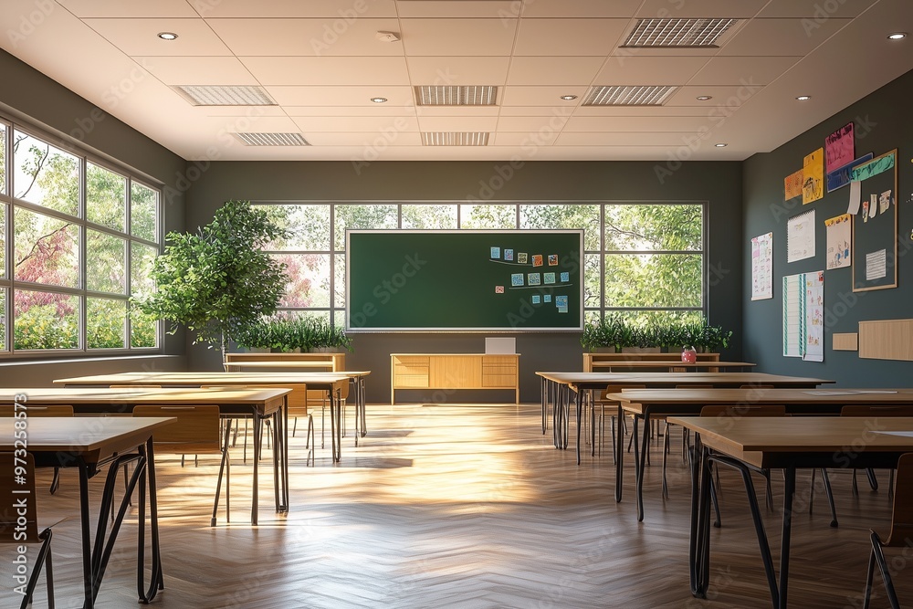 Modern classroom in the morning 3D rendering