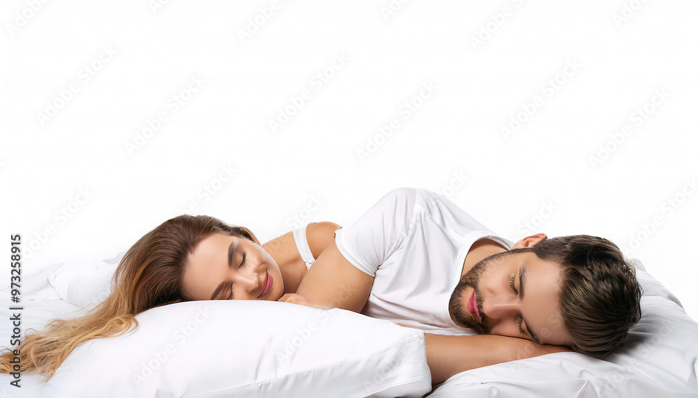 Happy young couple sleeping in comfortable bed at home. Beautiful girlfriend wife and handsome boyfriend husband Sleeping Together. Family of two asleep. isolated on white background Happy young couple sleeping in comfortable bed at home. Beautiful girlfriend wife and handsome boyfriend husband Sleeping Together. Family of two asleep. isolated on white background