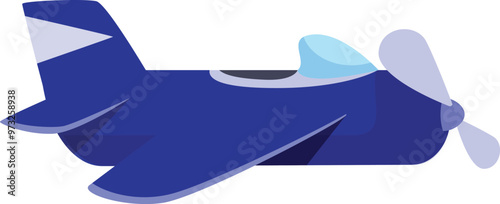 Blue cartoon airplane with a single propeller is flying in the sky