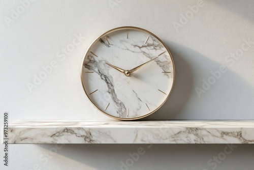 marble clock on shelf against white wall elegant decor concept banner with marble accessories photo