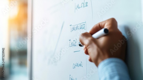 Entrepreneur holding a marker, adjusting terms on a whiteboard, negotiation terms, startup planning