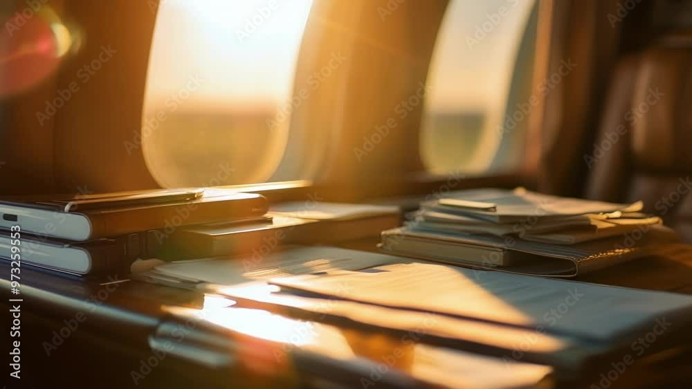 Warm sunlight is illuminating a wooden table inside the cabin of a private jet, with folders and paperwork laying on top Warm sunlight is illuminating a wooden table inside the cabin of a private jet, with folders and paperwork laying on top
