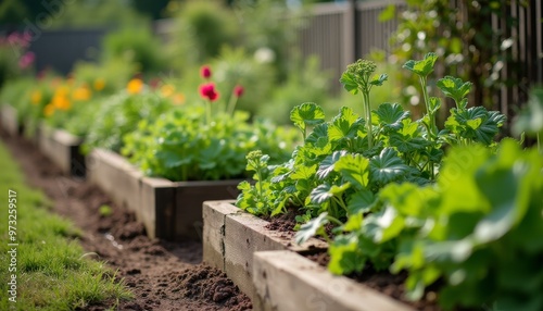 Raised garden beds with green plants and flowers in an outdoor garden.